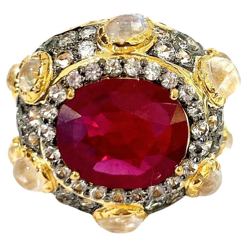Bochic “Orient” Spark Ruby, Diamonds & Multi Gem Ring  Set In 18K & Silver  For Sale