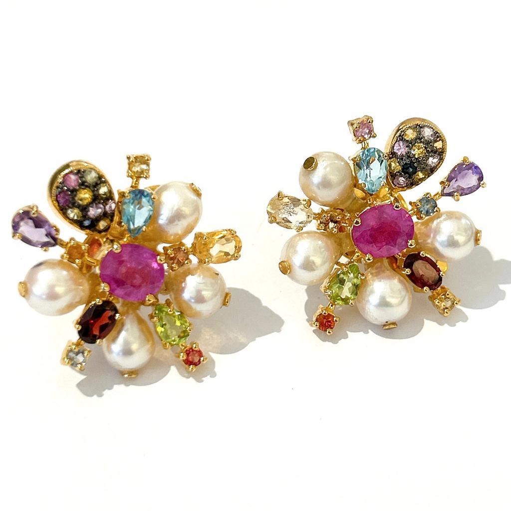 Bochic “Orient” Spark Ruby, Pearl & Multi Gem Earrings Set In 18K & Silver 
Center Oval Shape Natural Rubies - 8 Carat 
Baroque South Sea Pearls, White color with Pink tone 
Multi color Natural Sapphires from Sri Lanka 
2 Carat 
Round