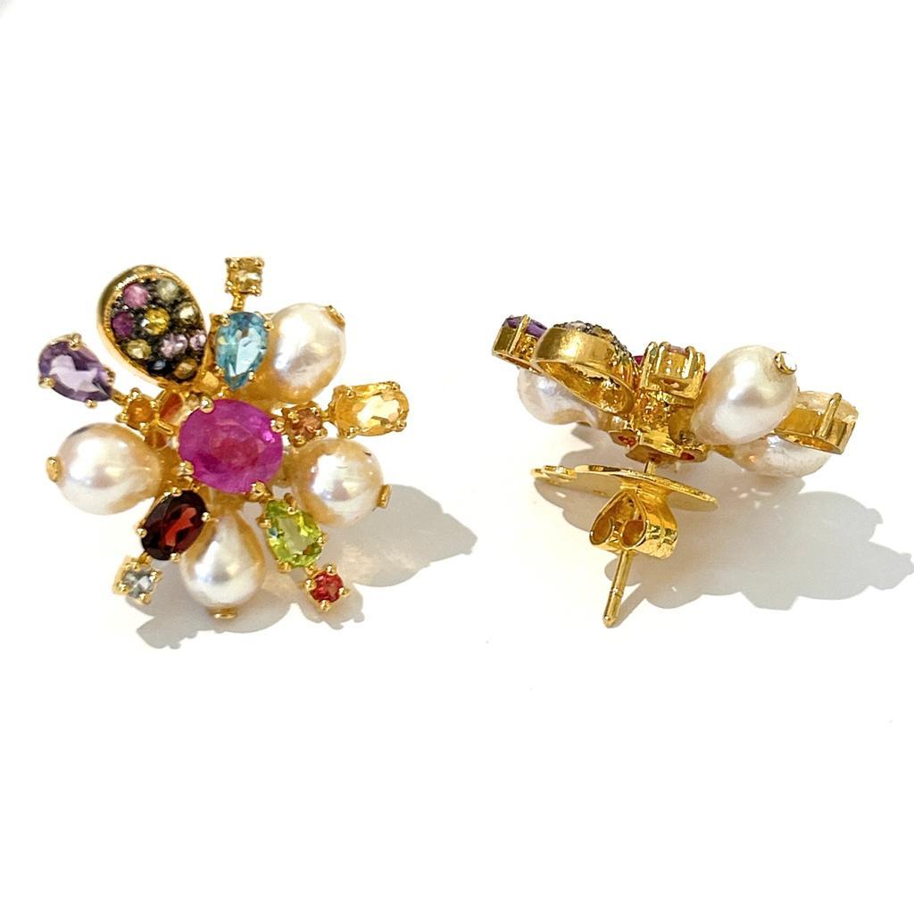 Brilliant Cut Bochic “Orient” Spark Ruby, Pearl & Multi Gem Earrings Set In 18K & Silver  For Sale