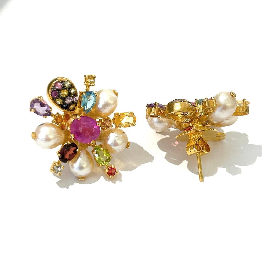 Bochic “Orient” Spark Ruby, Pearl & Multi Gem Earrings Set In 18K & Silver  In New Condition For Sale In New York, NY