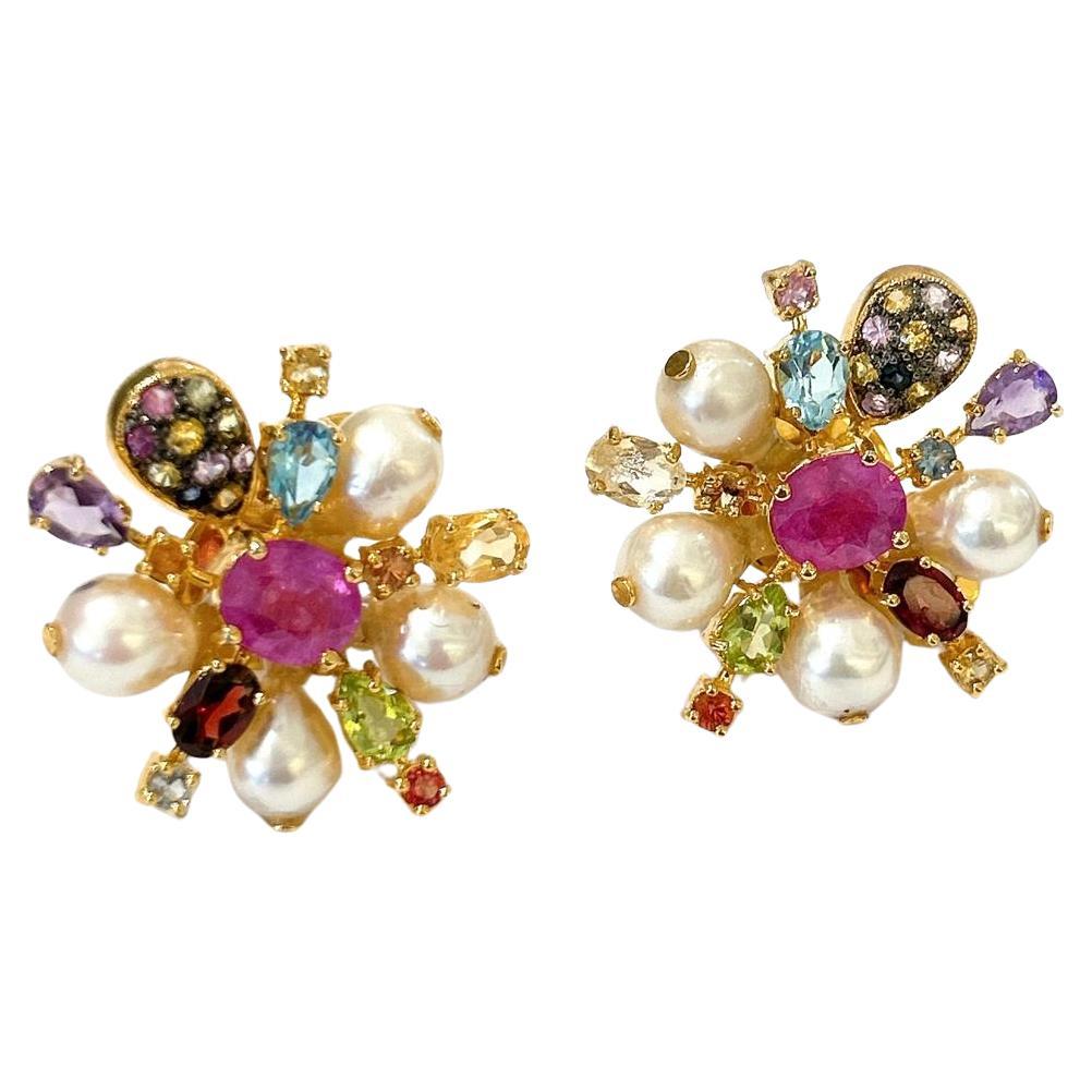 Bochic “Orient” Spark Ruby, Pearl & Multi Gem Earrings Set In 18K & Silver  For Sale