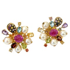 Bochic “Orient” Spark Ruby, Pearl & Multi Gem Earrings Set In 18K & Silver 