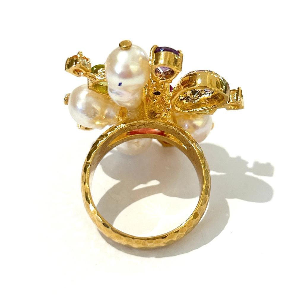 Bochic Orient funkelnder Ring aus 18 Karat und Silber mit Rubin, Perle und mehreren Edelsteinen  im Angebot 11