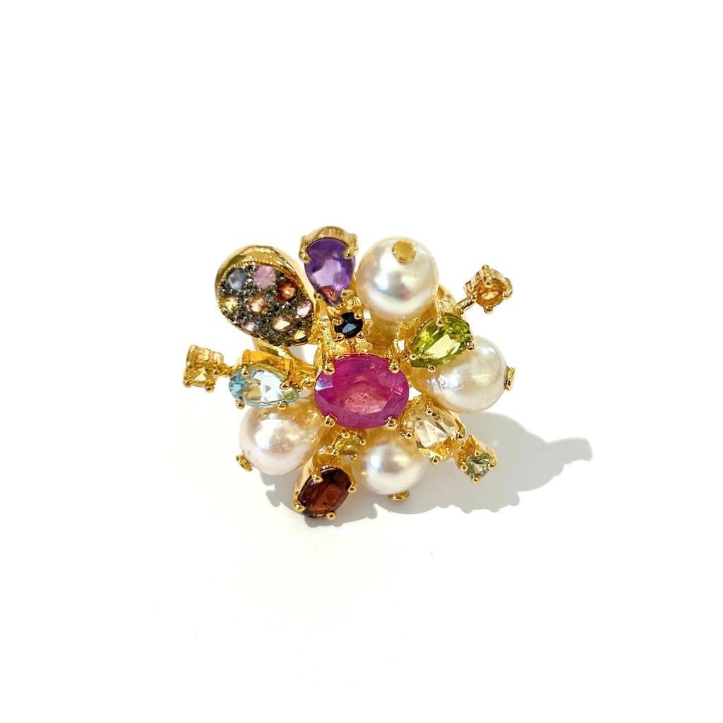 Baroque Bochic “Orient” Spark Ruby, Pearl & Multi Gem Ring Set In 18K & Silver  For Sale