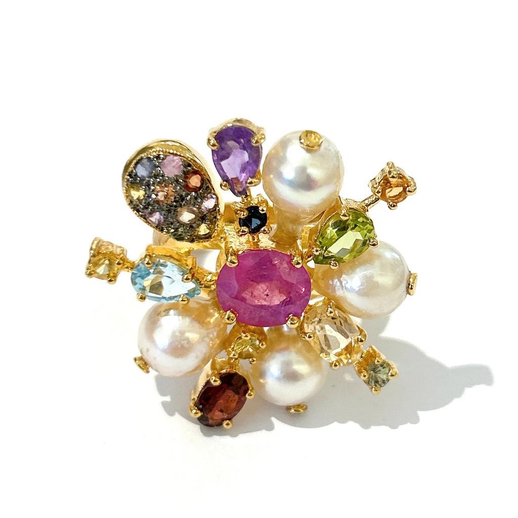 Brilliant Cut Bochic “Orient” Spark Ruby, Pearl & Multi Gem Ring Set In 18K & Silver  For Sale
