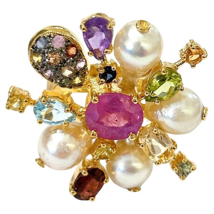 Bochic Orient funkelnder Ring aus 18 Karat und Silber mit Rubin, Perle und mehreren Edelsteinen 