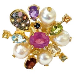 Bochic Orient funkelnder Ring aus 18 Karat und Silber mit Rubin, Perle und mehreren Edelsteinen