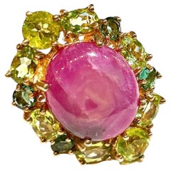 Bochic “Orient” Star Ruby & Green Perridot Cocktail Ring 18K Gold & Silver