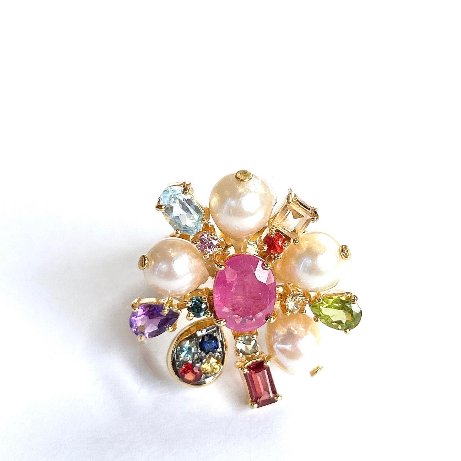 Bochic “Orient” Star Burst Cluster Multi Gem & Pearl Cocktail Ring Set 18K Gold & Silver 

Multi Gems: Blue Topaz, Sapphires, Amethyst, Ruby, Garnet 
9 Carats 

This Ring is from the 