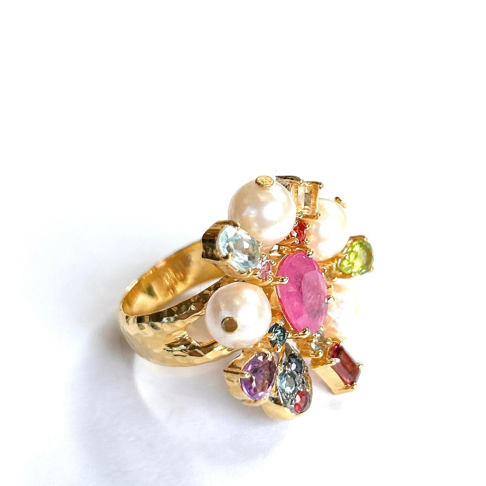 Baroque Bochic “Orient” StarBurst Multi Gem & Pearl Cocktail Ring Set 18K Gold & Silver For Sale
