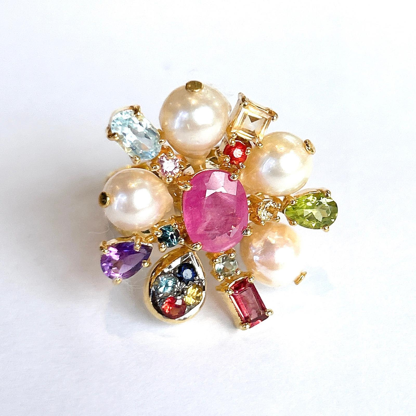 Bochic “Orient” StarBurst Multi Gem & Pearl Cocktail Ring Set 18K Gold & Silver In New Condition For Sale In New York, NY