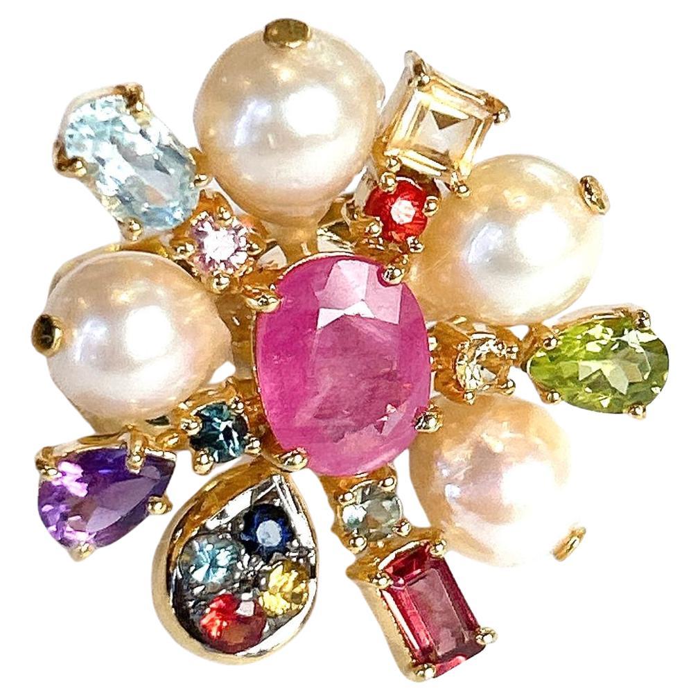 Bochic “Orient” StarBurst Multi Gem & Pearl Cocktail Ring Set 18K Gold & Silver