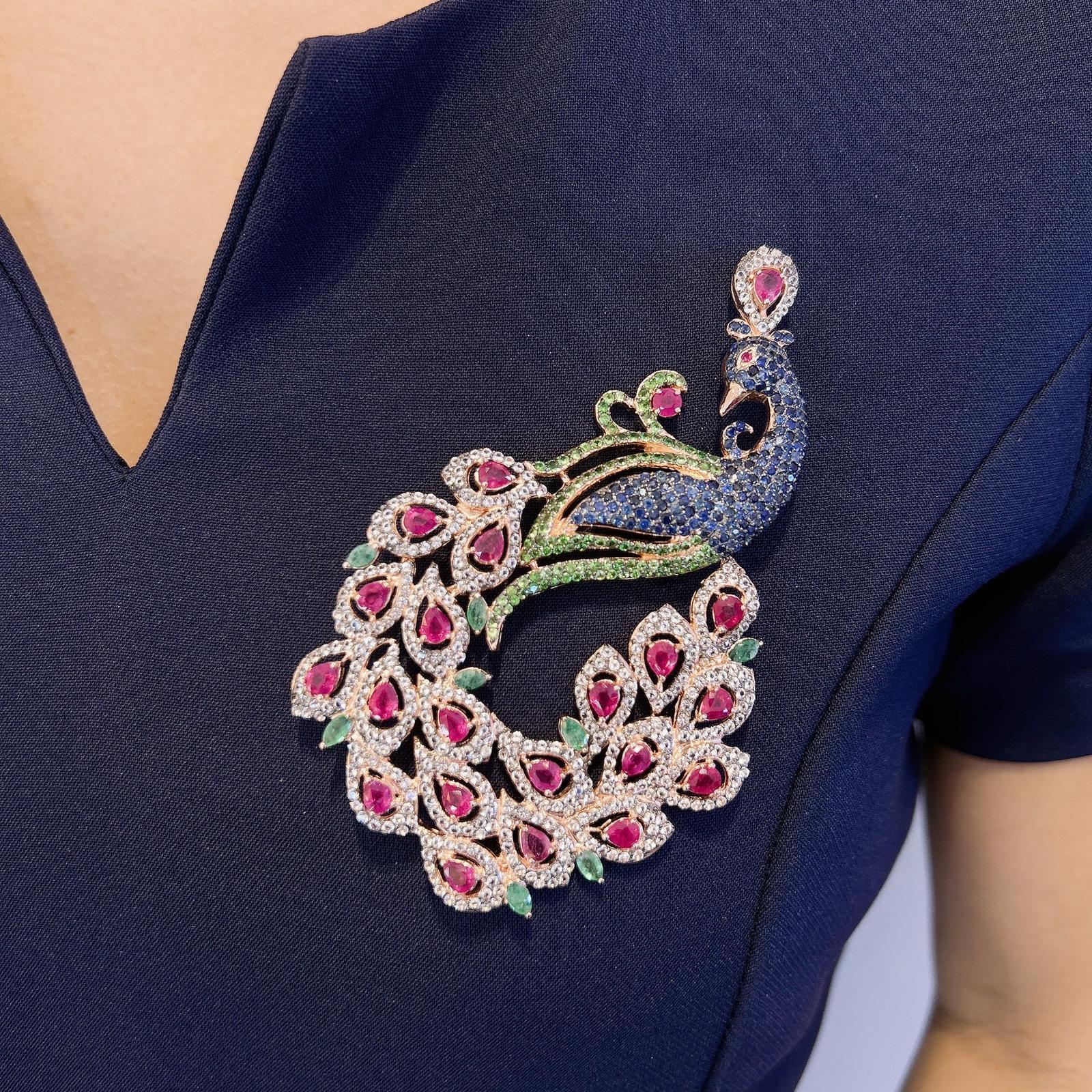 Women's Bochic “Orient Swan” Blue Sapphire, Emerald, Ruby Brooch in 22k Gold & Silver