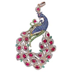 Bochic “Orient Swan” Blue Sapphire, Emerald, Ruby Brooch in 22K Gold & Silver 