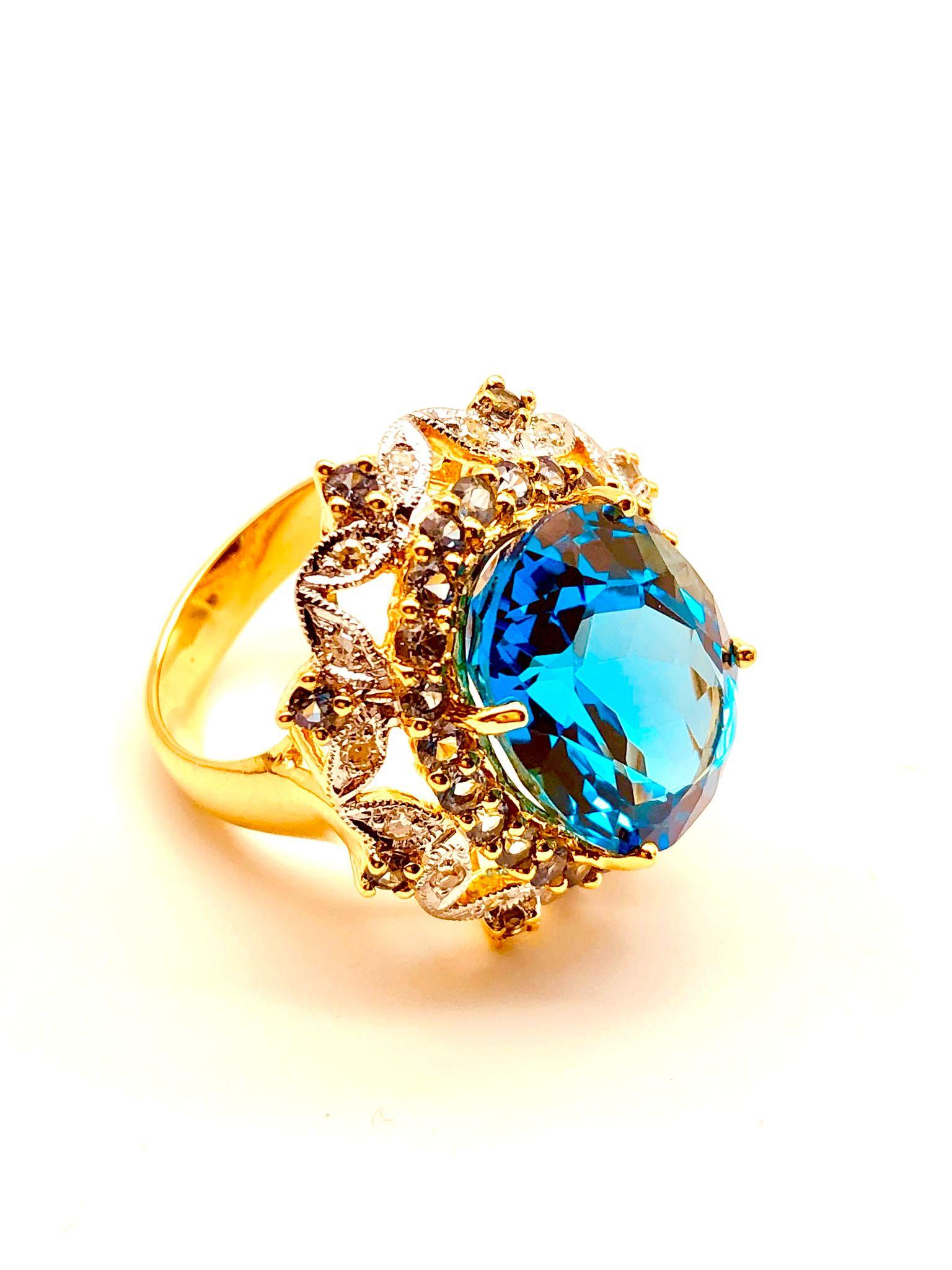 Art Deco Bochic “Orient” Swiss Blue Topaz, Sapphire & Diamonds Ring Set 18K Gold & Silver For Sale