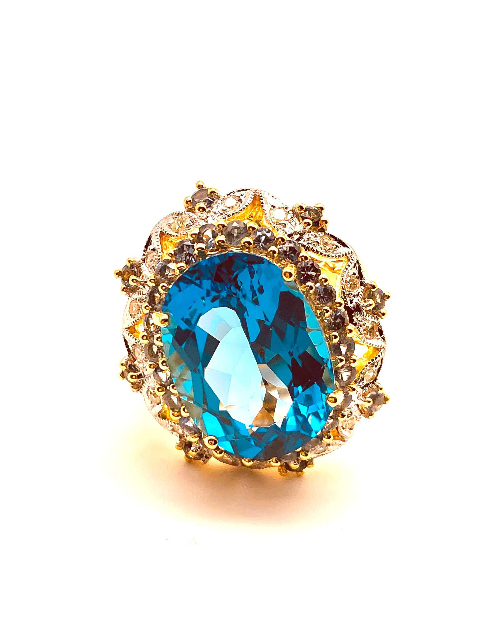 Bochic “Orient” Swiss Blue Topaz, Sapphire & Diamonds Ring Set 18K Gold & Silver For Sale 2