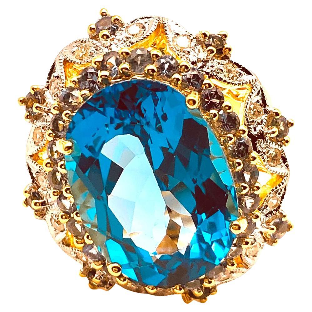 Bochic “Orient” Swiss Blue Topaz, Sapphire & Diamonds Ring Set 18K Gold & Silver