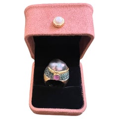 Bochic "Orient" Tahiti Perle, Smaragd & Rubin Cocktail Ring Set 18K Gold & Silber