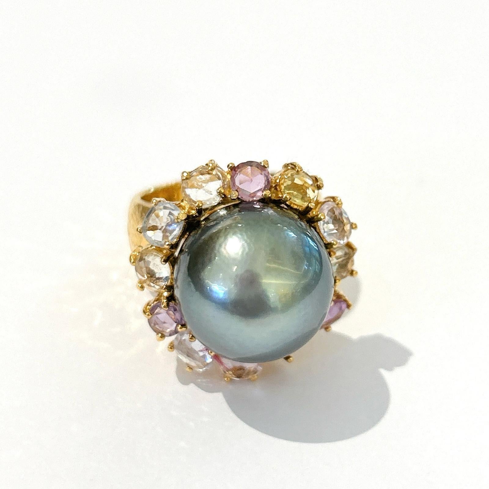 Baroque Bochic “Orient” Tahiti Pearl & Multi Color Sapphire Ring Set 18K Gold & Silver For Sale