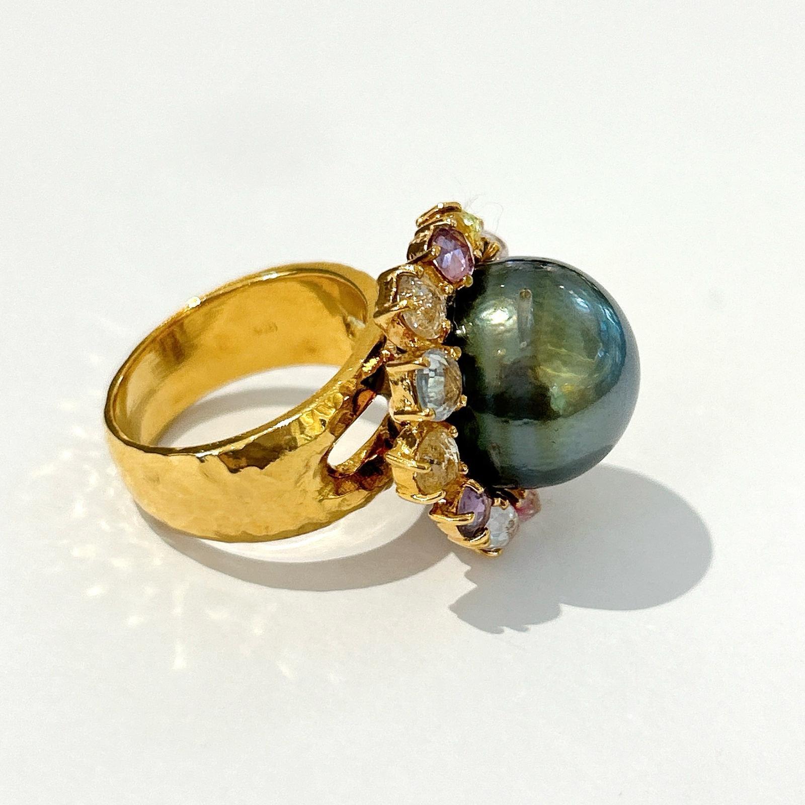 Rose Cut Bochic “Orient” Tahiti Pearl & Multi Color Sapphire Ring Set 18K Gold & Silver For Sale
