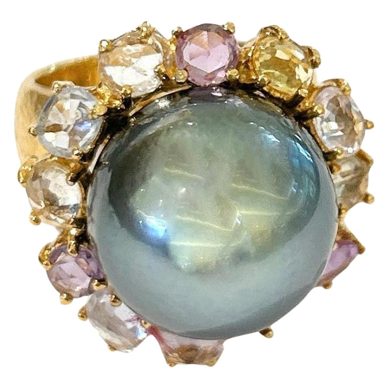 Bochic “Orient” Tahiti Pearl & Multi Color Sapphire Ring Set 18K Gold & Silver For Sale