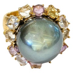 Bochic “Orient” Tahiti Pearl & Multi Color Sapphire Ring Set 18K Gold & Silver