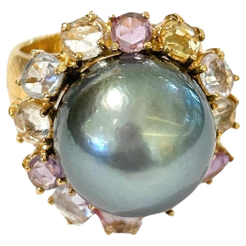 Bochic “Orient” Tahiti Pearl & Multi Color Sapphire Ring Set 18K Gold & Silver For Sale