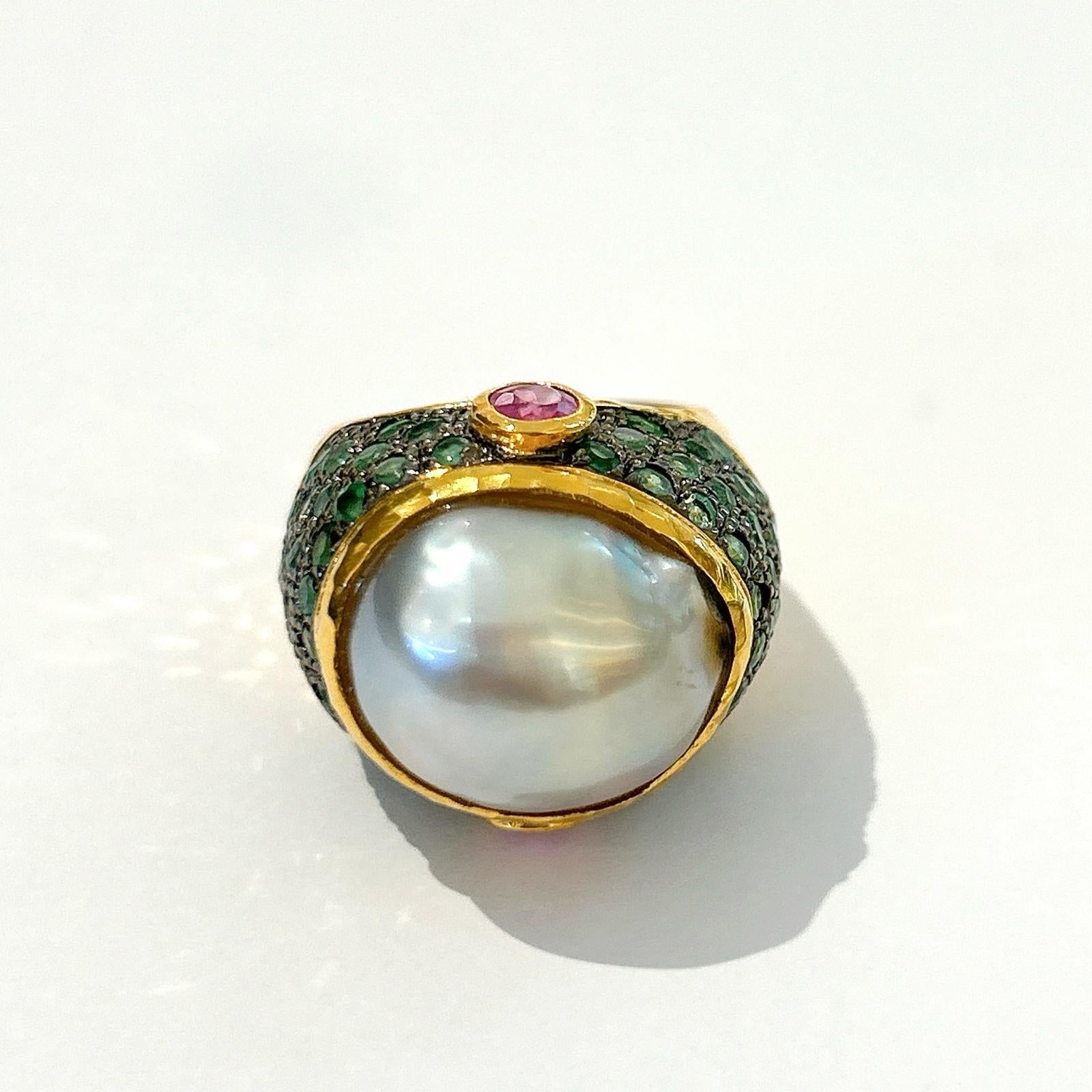 Baroque Bochic “Orient” Tahiti Pearl & Multi gem Ring Set In 18K Gold & Silver  For Sale