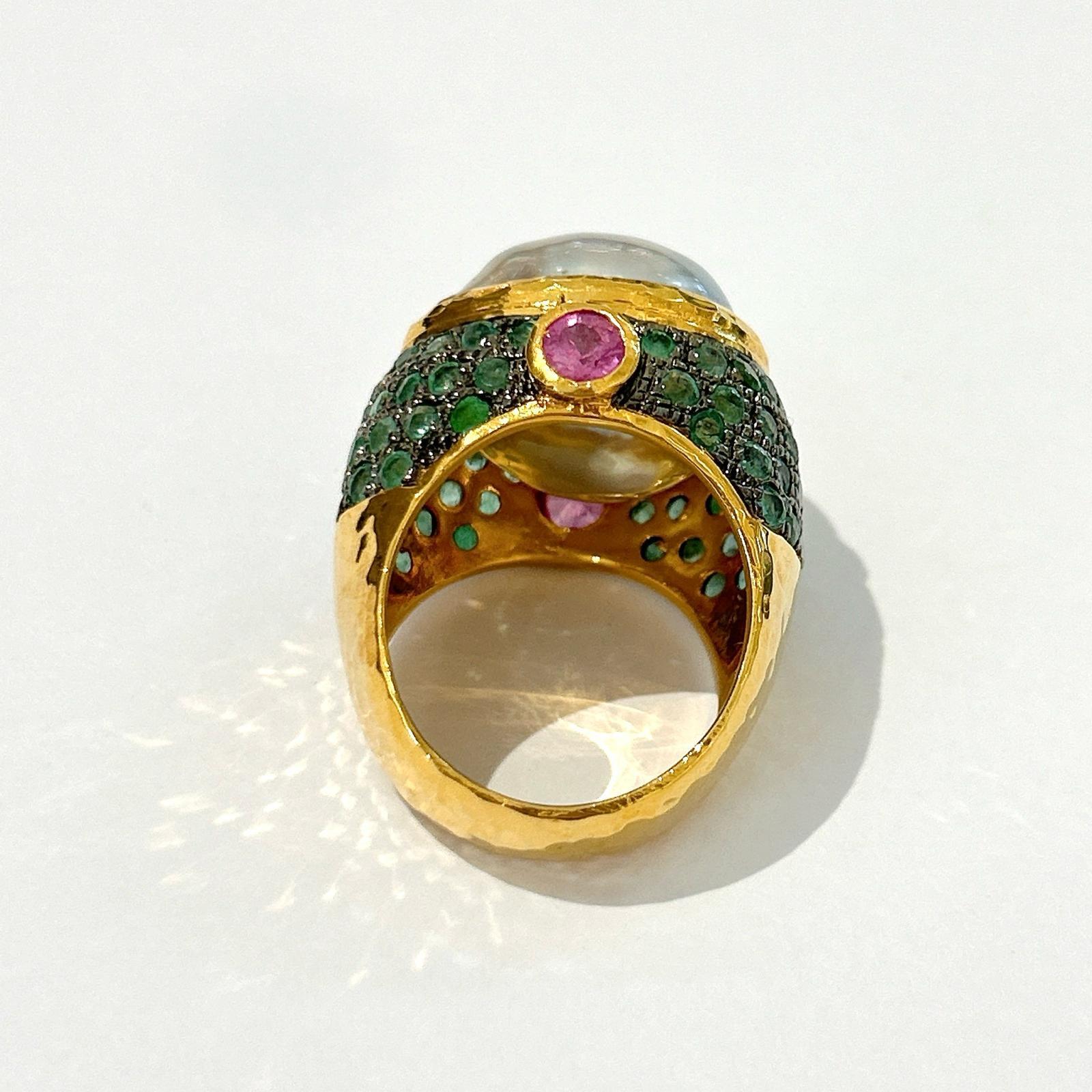 Brilliant Cut Bochic “Orient” Tahiti Pearl & Multi gem Ring Set In 18K Gold & Silver  For Sale