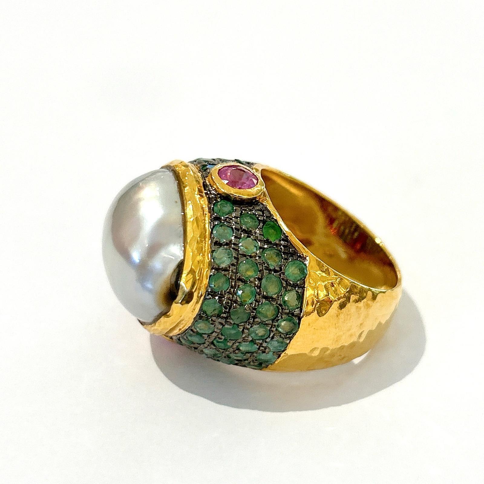 Bochic “Orient” Tahiti Pearl & Multi gem Ring Set In 18K Gold & Silver  In New Condition For Sale In New York, NY