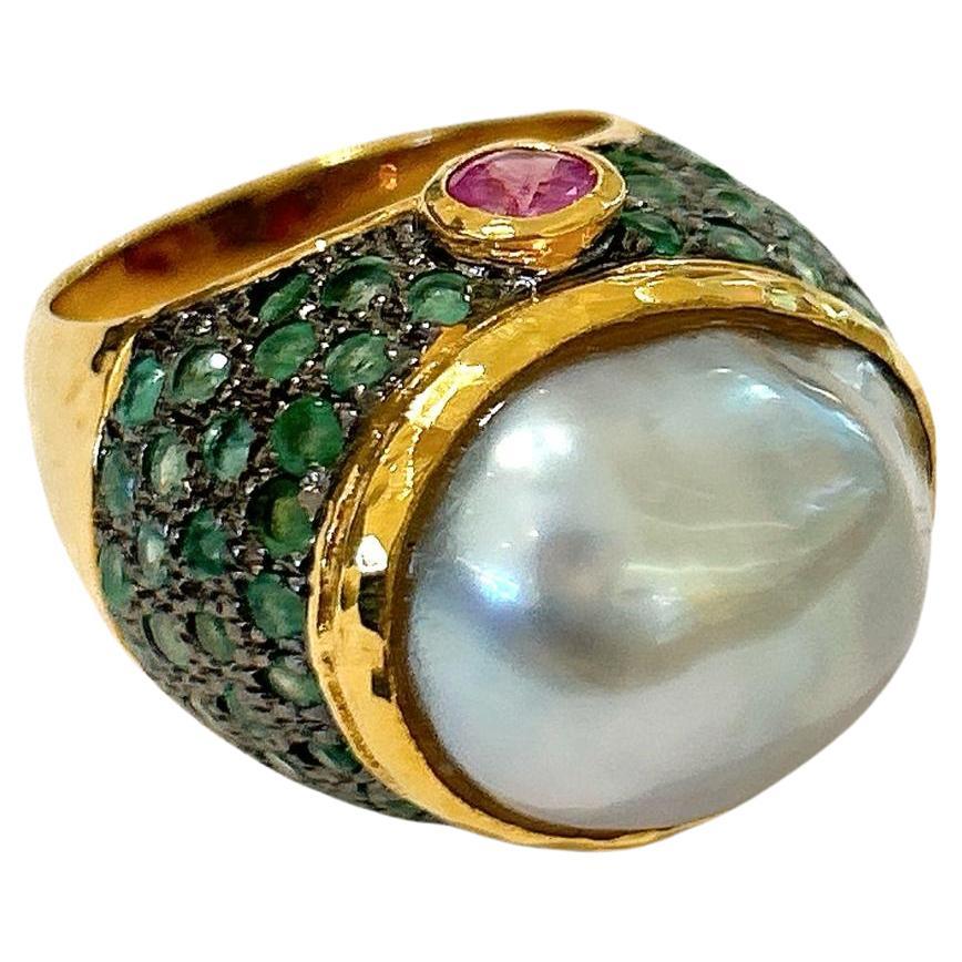 Bochic “Orient” Tahiti Pearl & Multi gem Ring Set In 18K Gold & Silver  For Sale