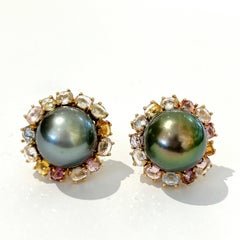 Bochic “Orient” Tahiti Pearls & Multi Sapphire Earrings Set In 18K Gold & Silver