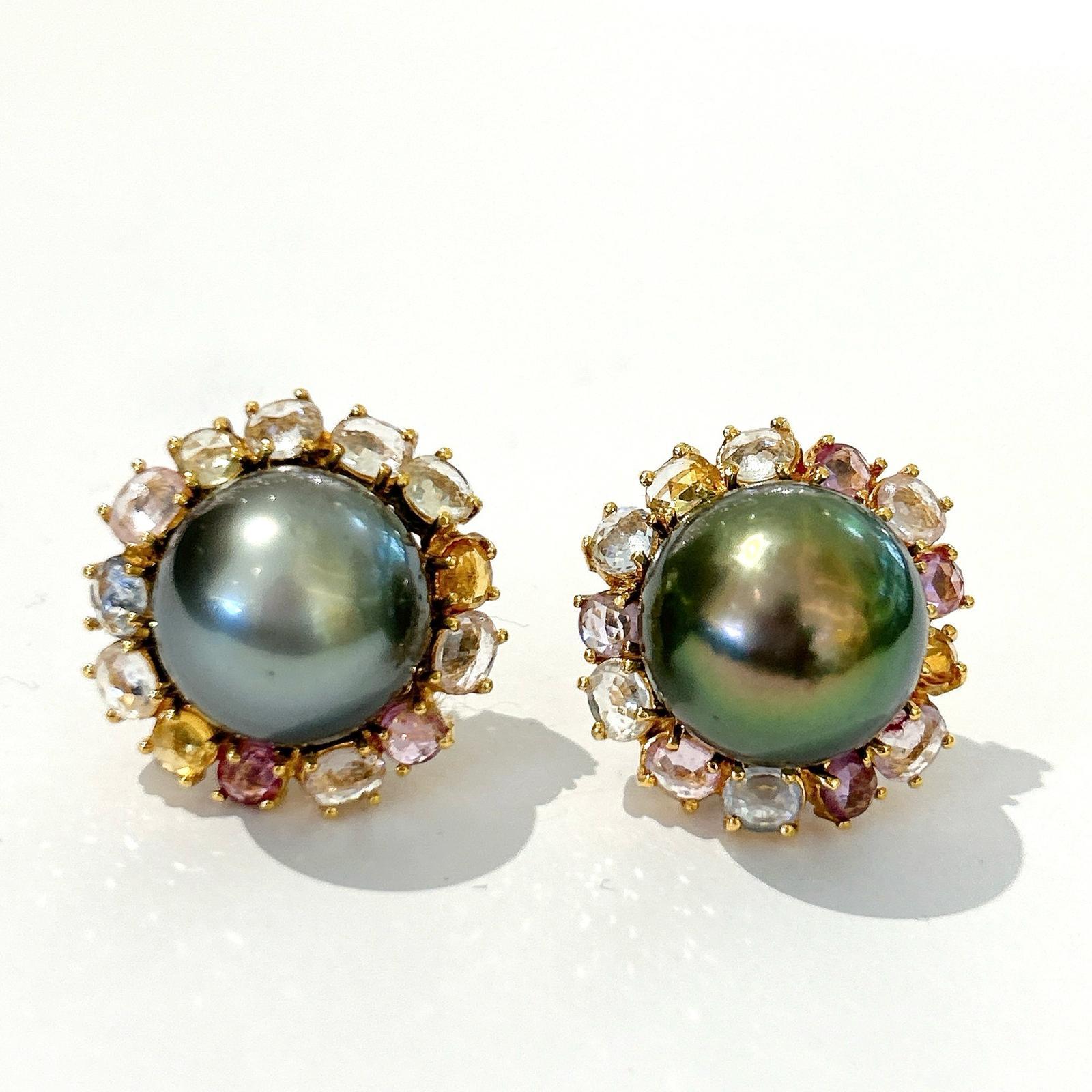 Baroque Bochic “Orient” Tahiti Pearls & Multi Sapphire Earrings Set In 18K Gold & Silver For Sale