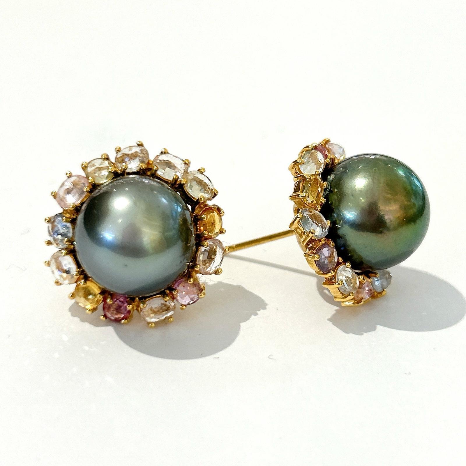 Rose Cut Bochic “Orient” Tahiti Pearls & Multi Sapphire Earrings Set In 18K Gold & Silver For Sale