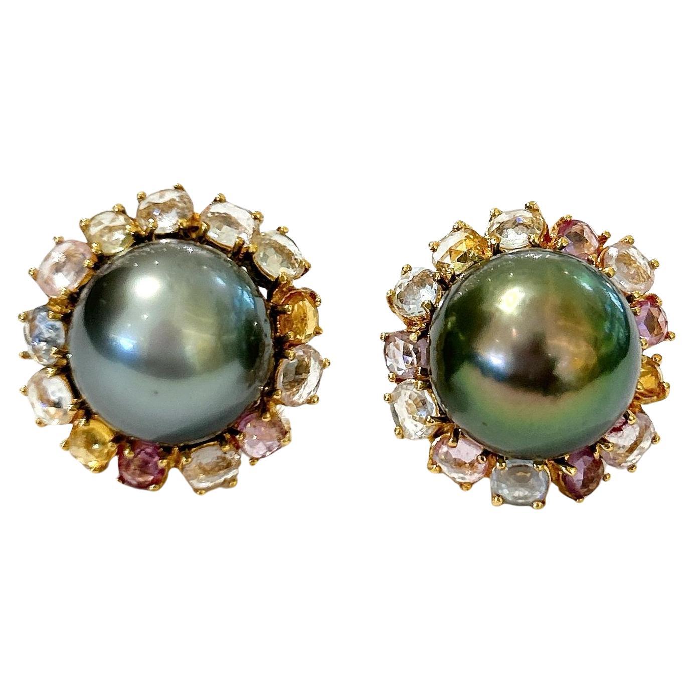 Bochic “Orient” Tahiti Pearls & Multi Sapphire Earrings Set In 18K Gold & Silver For Sale
