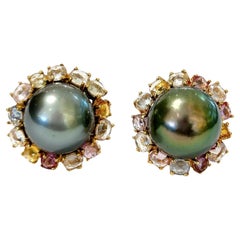 Bochic “Orient” Tahiti Pearls & Multi Sapphire Earrings Set In 18K Gold & Silver