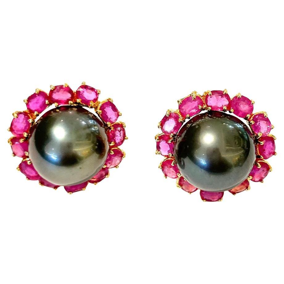 Bochic “Orient” Tahiti Pearls & Red Rubies Earrings Set In 18K Gold & Silver 