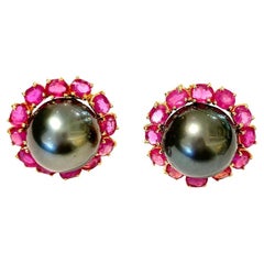 Bochic “Orient” Tahiti Pearls & Red Rubies Earrings Set In 18K Gold & Silver 