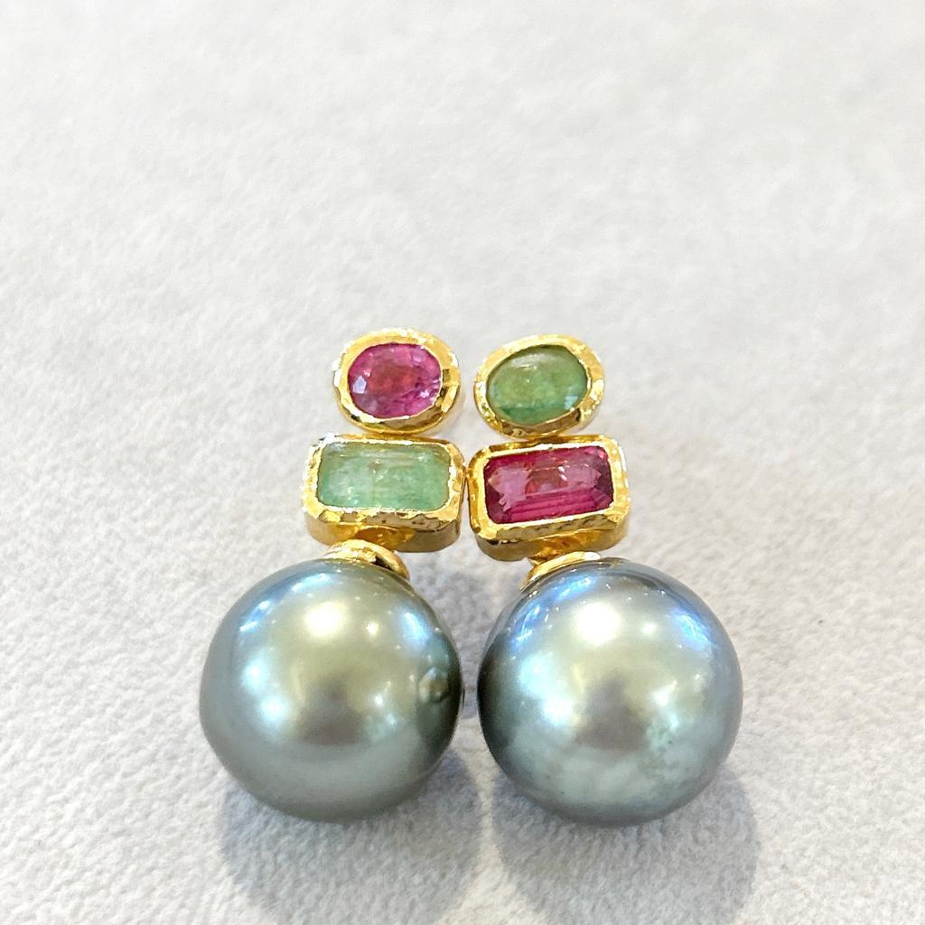 Baroque Bochic “Orient” Tahiti Pearls, Ruby & Emerald Earrings Set In 18K Gold & Silver  For Sale