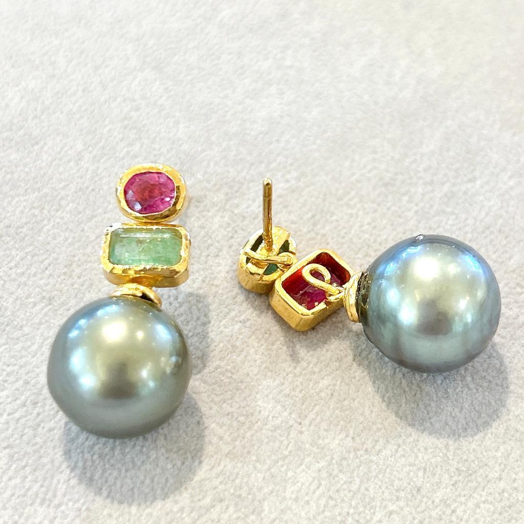 Emerald Cut Bochic “Orient” Tahiti Pearls, Ruby & Emerald Earrings Set In 18K Gold & Silver  For Sale
