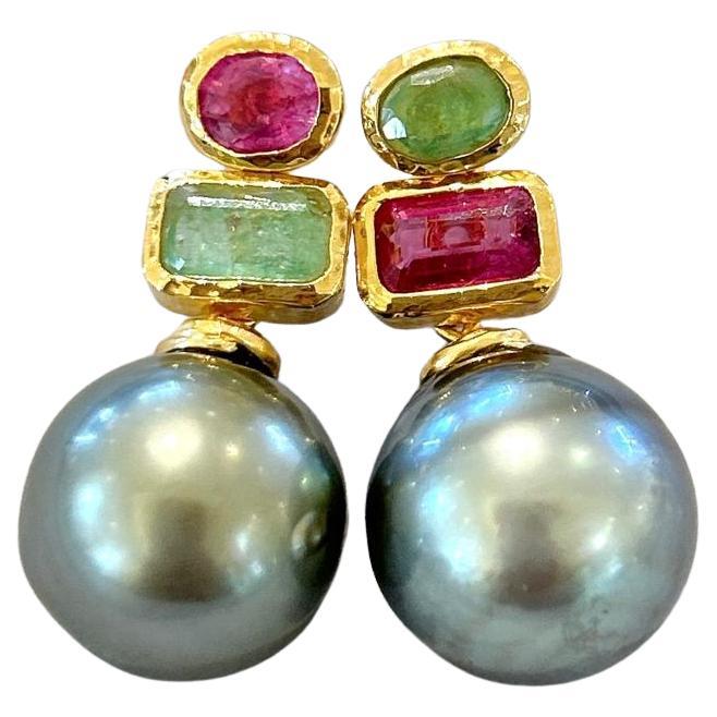 Bochic “Orient” Tahiti Pearls, Ruby & Emerald Earrings Set In 18K Gold & Silver  For Sale