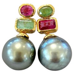 Antique Bochic “Orient” Tahiti Pearls, Ruby & Emerald Earrings Set In 18K Gold & Silver 