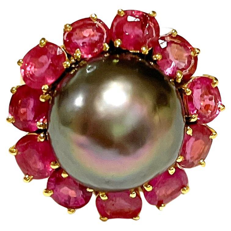 Bochic “Orient” Tahiti South Sea & Multi Ruby Cluster Ring Set 18K & Silver