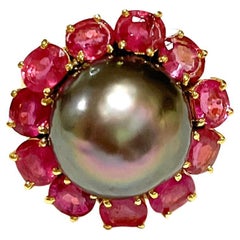 Bochic "Orient" Tahiti Südsee & Multi Rubin Cluster Ring Set 18K & Silber