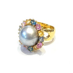 Bochic "Orient" Tahiti South Sea & Multi Sapphire Cluster Ring Set 18K & Silver