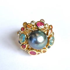 Bochic “Orient” Tahiti South Sea & Multi Sapphire Cluster Ring Set 18K & Silver