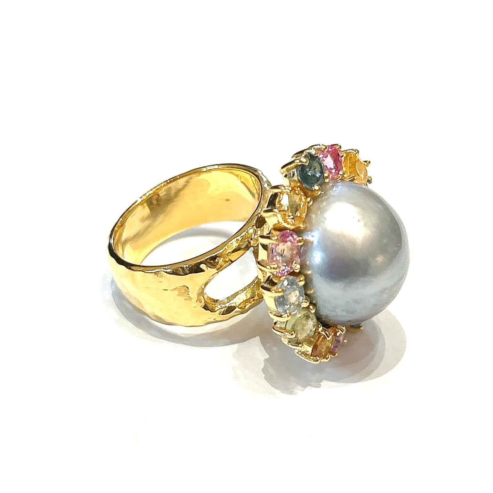 Baroque Bochic “Orient” Tahiti South Sea & Multi Sapphire Cluster Ring Set 18K & Silver For Sale