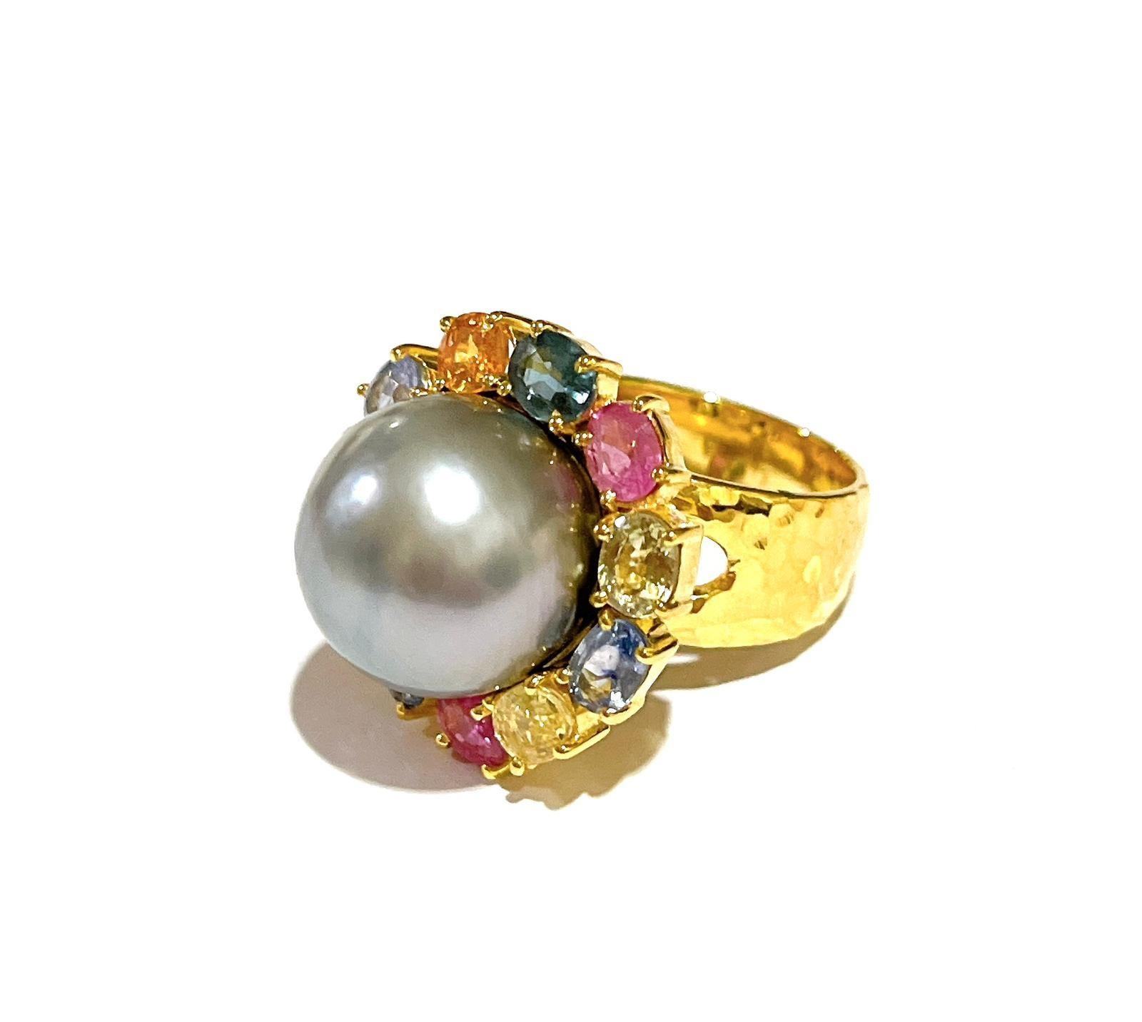 Baroque Bochic “Orient” Tahiti South Sea & Multi Sapphire Cluster Ring Set 18K & Silver For Sale