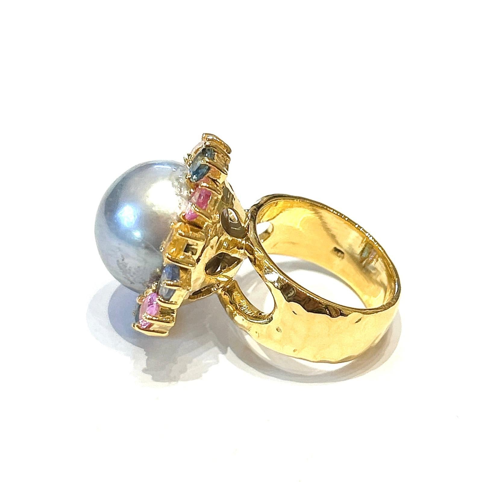 Brilliant Cut Bochic “Orient” Tahiti South Sea & Multi Sapphire Cluster Ring Set 18K & Silver For Sale