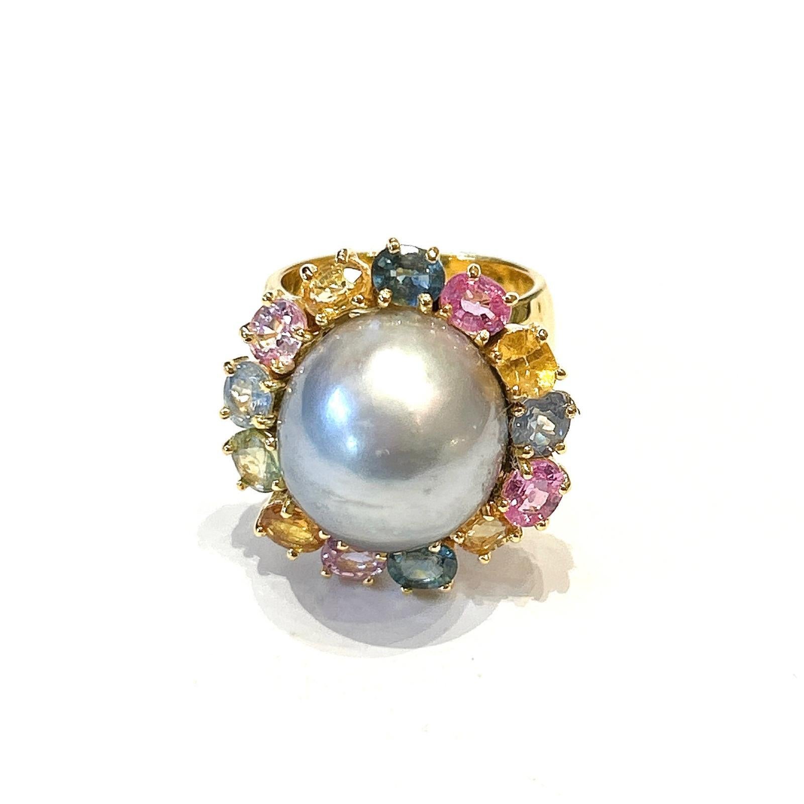 Bochic “Orient” Tahiti South Sea & Multi Sapphire Cluster Ring Set 18K & Silver In New Condition For Sale In New York, NY